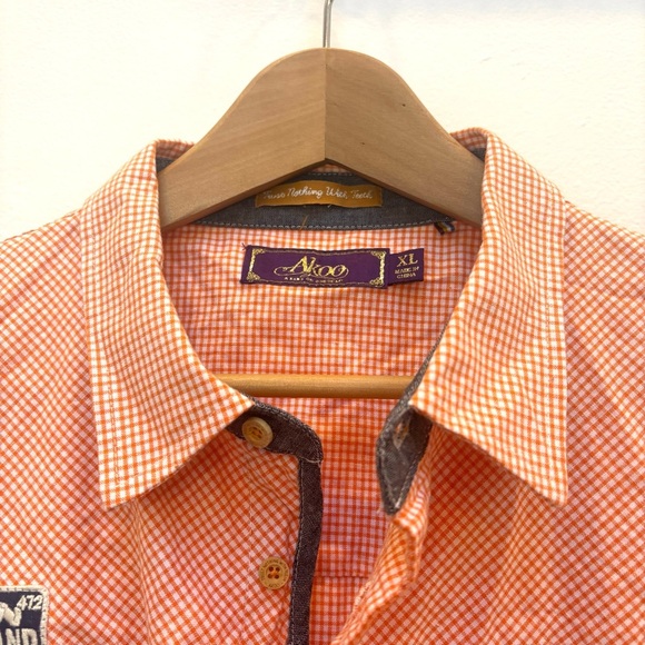 Akoo Plaid Button Up Short Sleeve Shirt Embroidered Patches Orange White XL - Picture 4 of 13